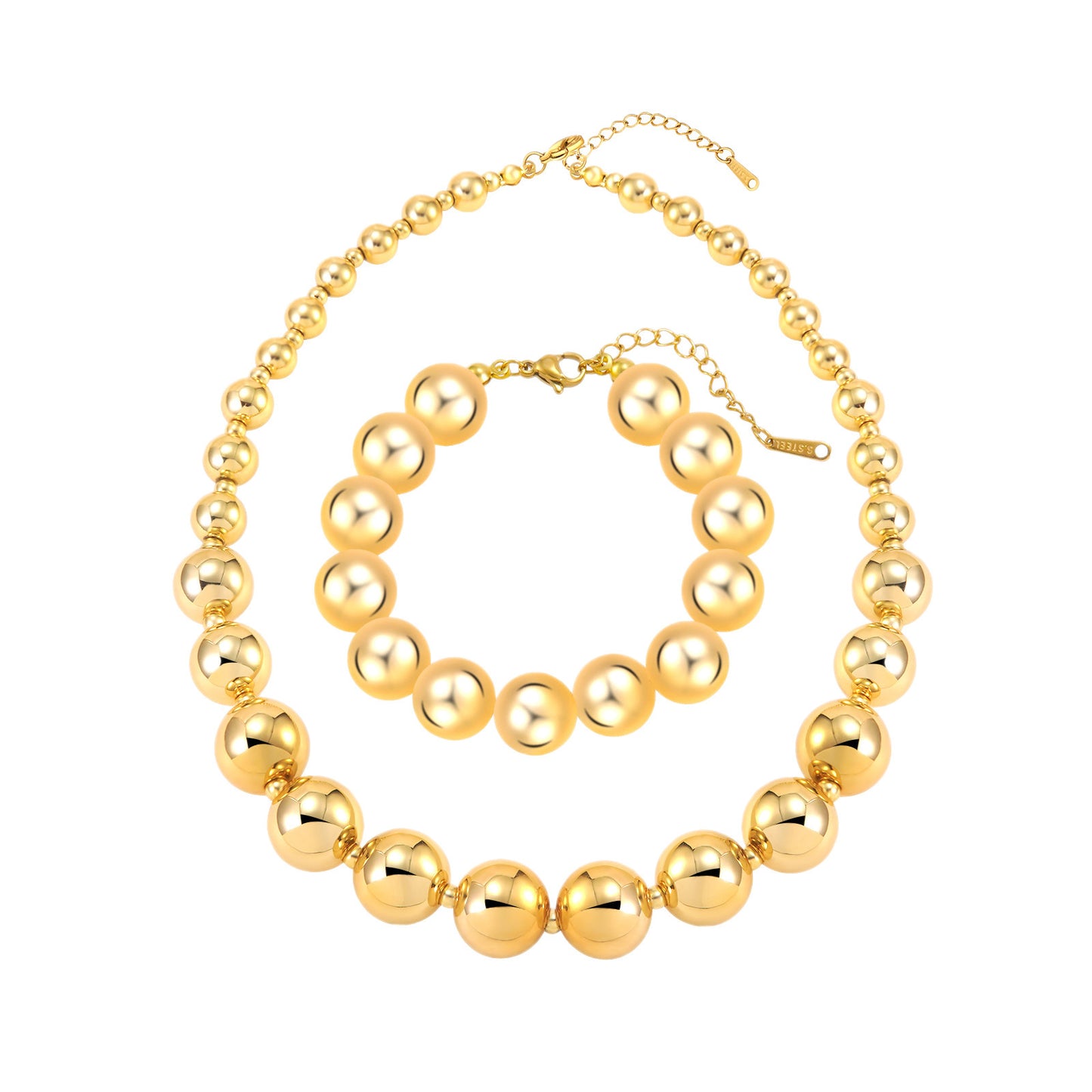 Hip-hop Punk Geometric Round Ball Chain Stainless Steel Necklace and Bracelet Set