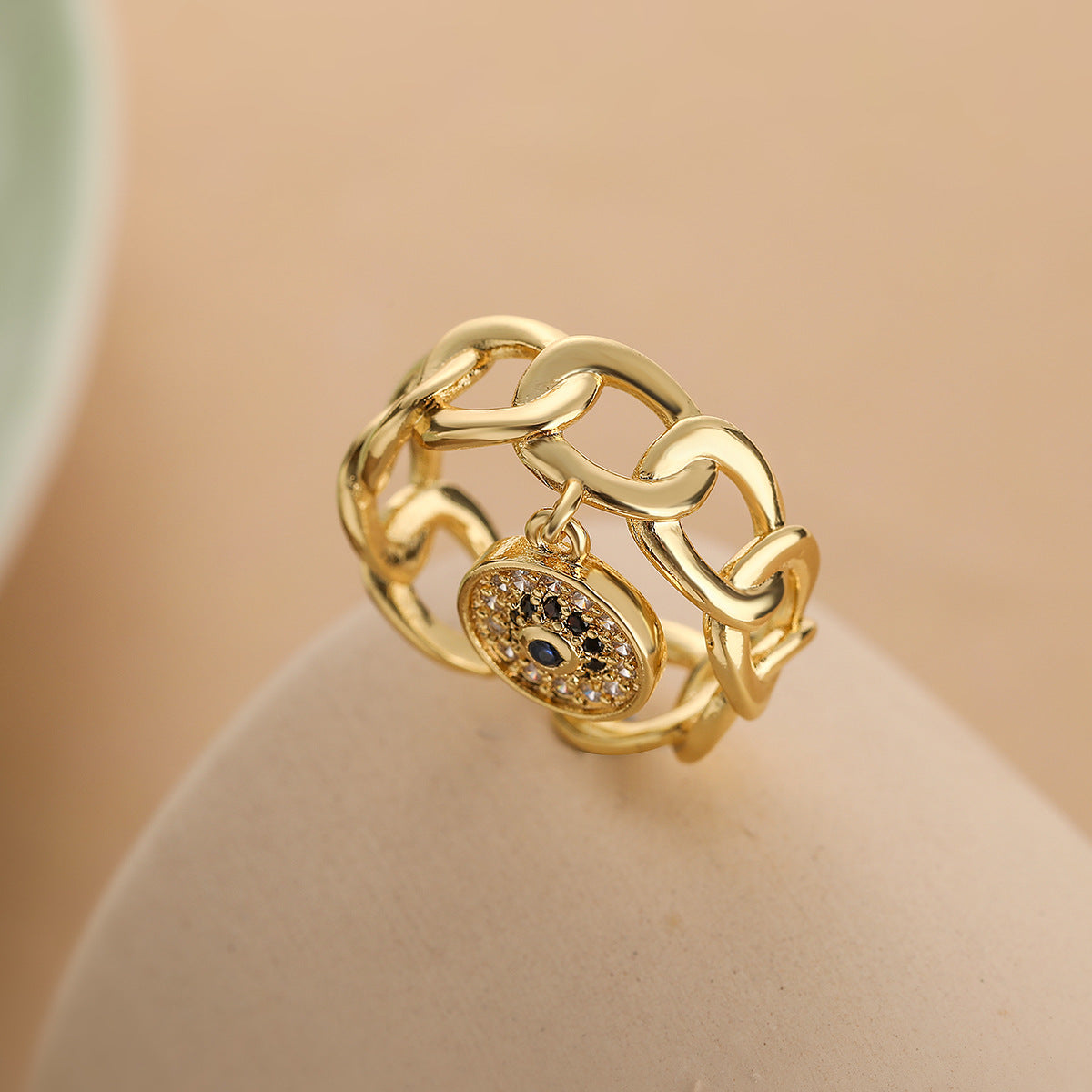 Minimalist Geometric Evil Eye Pendant Ring for Women in Copper with 18K Gold Plating and Micro-Paved Zircon