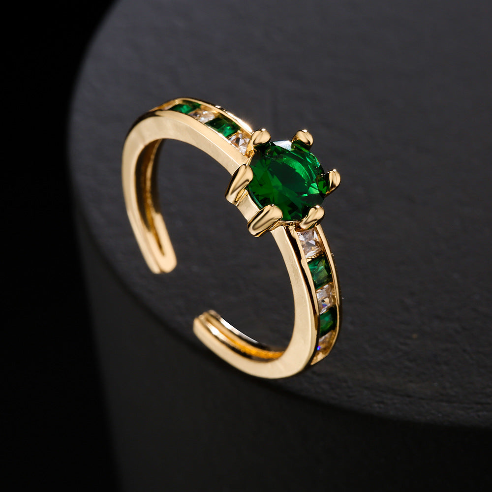 Vintage Minimalist Geometric Copper Ring with 18K Gold Plating and Micro-Paved Green Zirconia for Women
