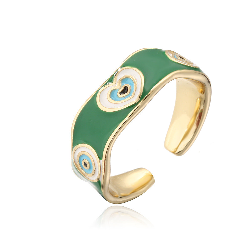 Minimalist Geometric Copper Ring with 18K Gold Plating and Enamel Heart-Eye Pattern