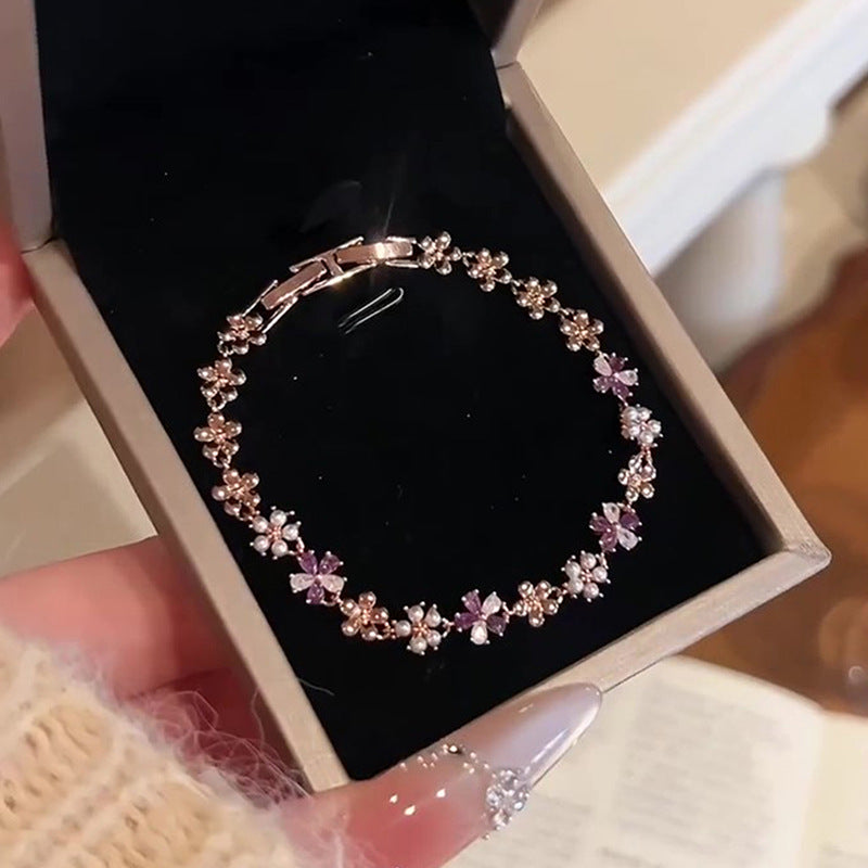 Elegant Floral Pearl Bracelet with Zircon Inlay for Women, Luxury Minimalist Hand Jewelry
