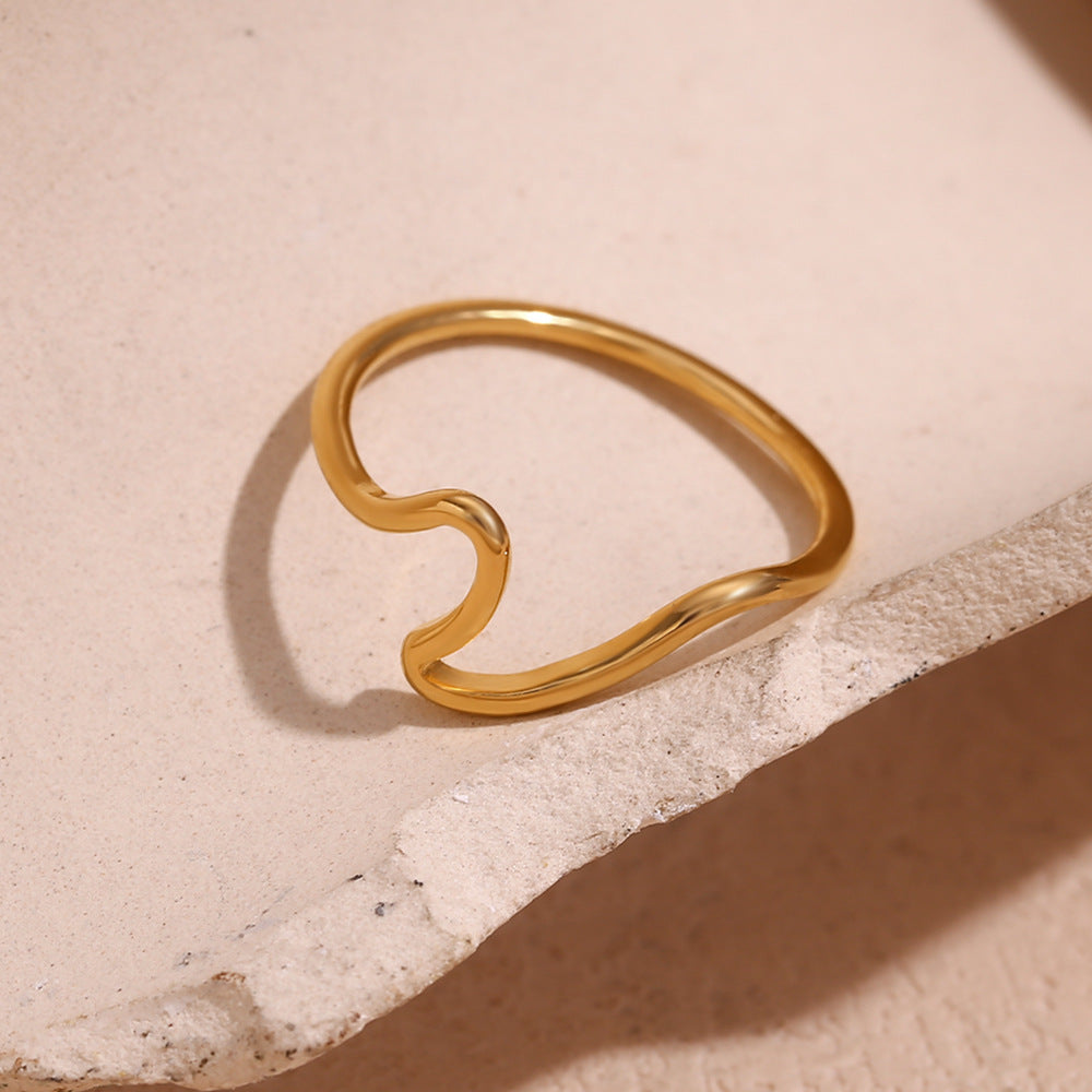 Creative Minimalist Geometric Stainless Steel Plated 18K Gold Wave Ring for Women