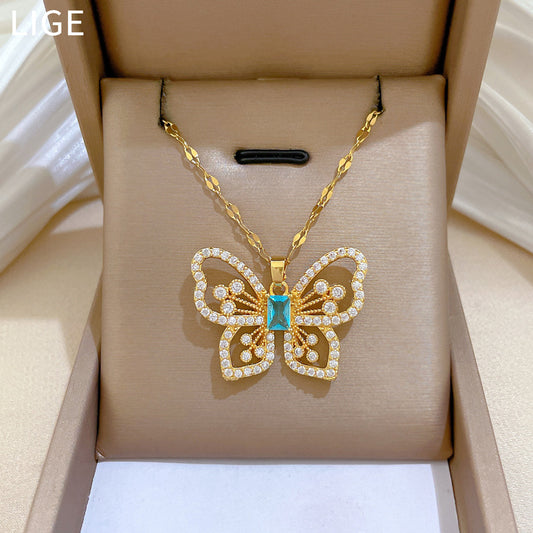 Sweet Minimalist Geometric Butterfly Rhinestone Titanium Steel Necklace for Unisex