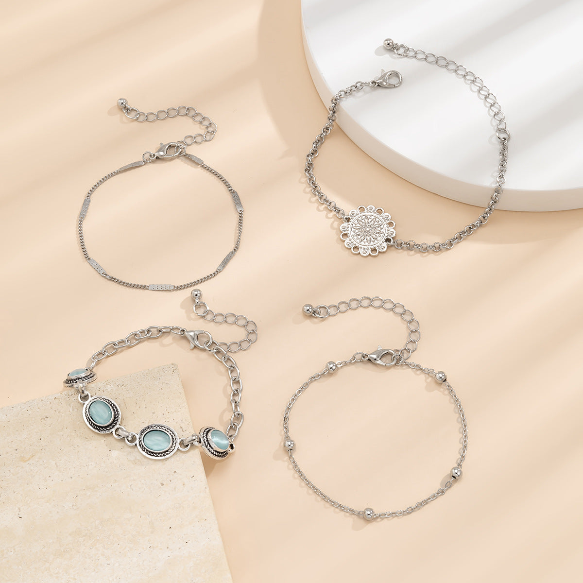 Ethnic Style Geometric Hollow-Out Cat's Eye Stone Stackable Bracelet Set in Alloy with Electroplated Finish