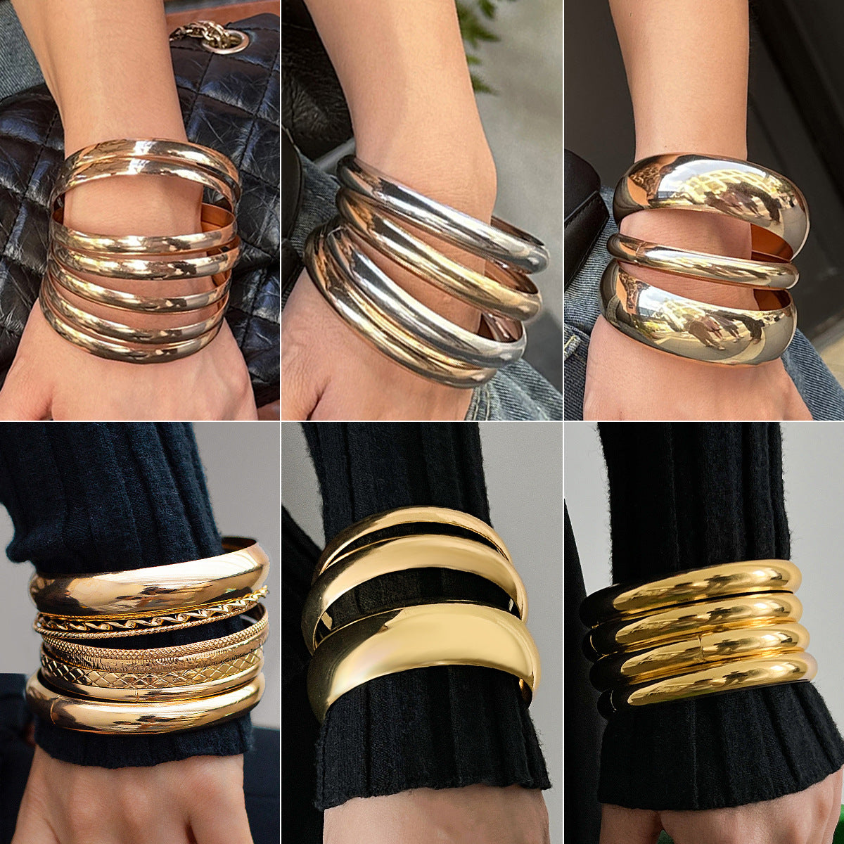 Set di bracciali vintage in metallo con texture geometrica a pelle di serpente, finitura lucida e superficie elettrolitica