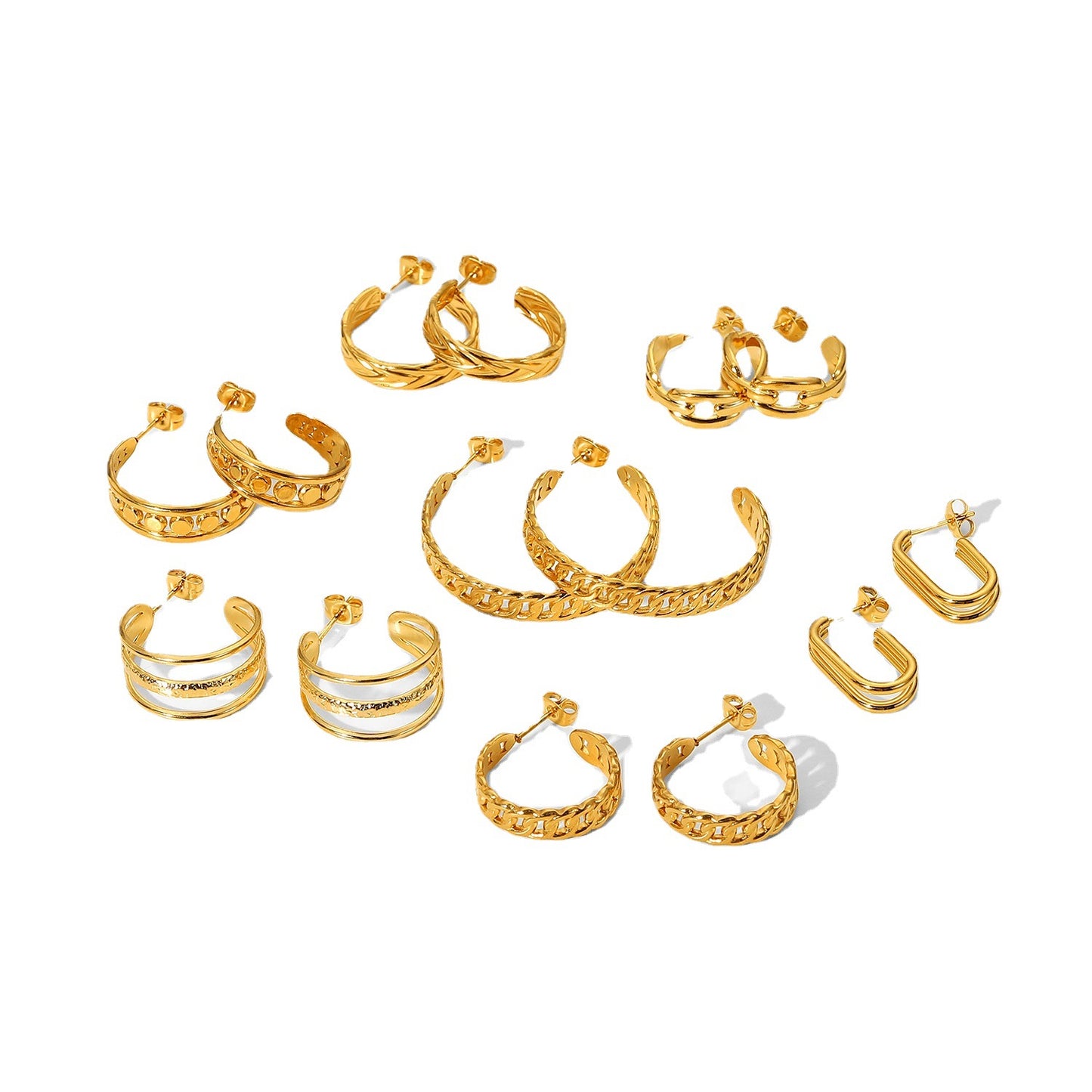 Fashionable 18K Gold Plated Stainless Steel Geometric C-Shaped Chain Hoop Earrings for Women