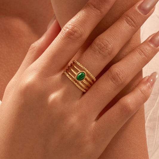 Minimalist Geometric Stainless Steel Plated Ring with Malachite Stone for Women Vintage Luxury Style Adjustable Open Band