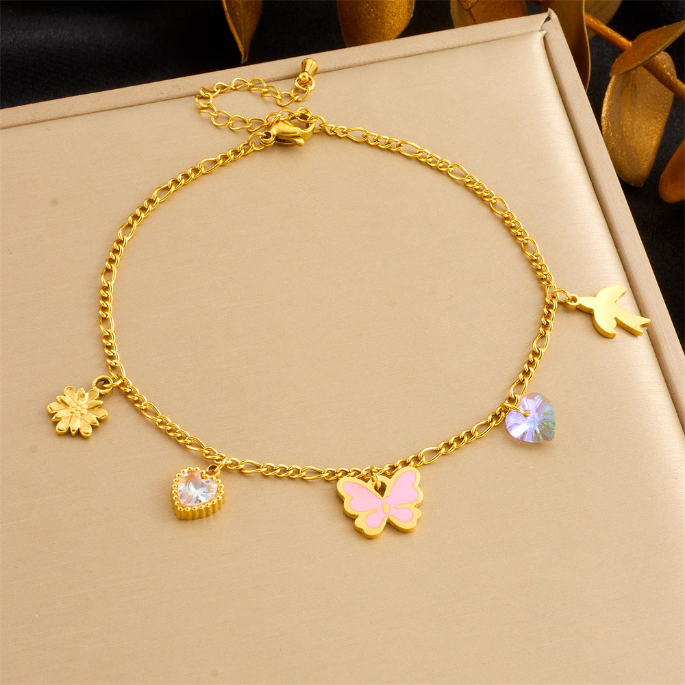 Minimalist Colorful Geometric Glass Rhinestone Butterfly Heart Stainless Steel Anklet