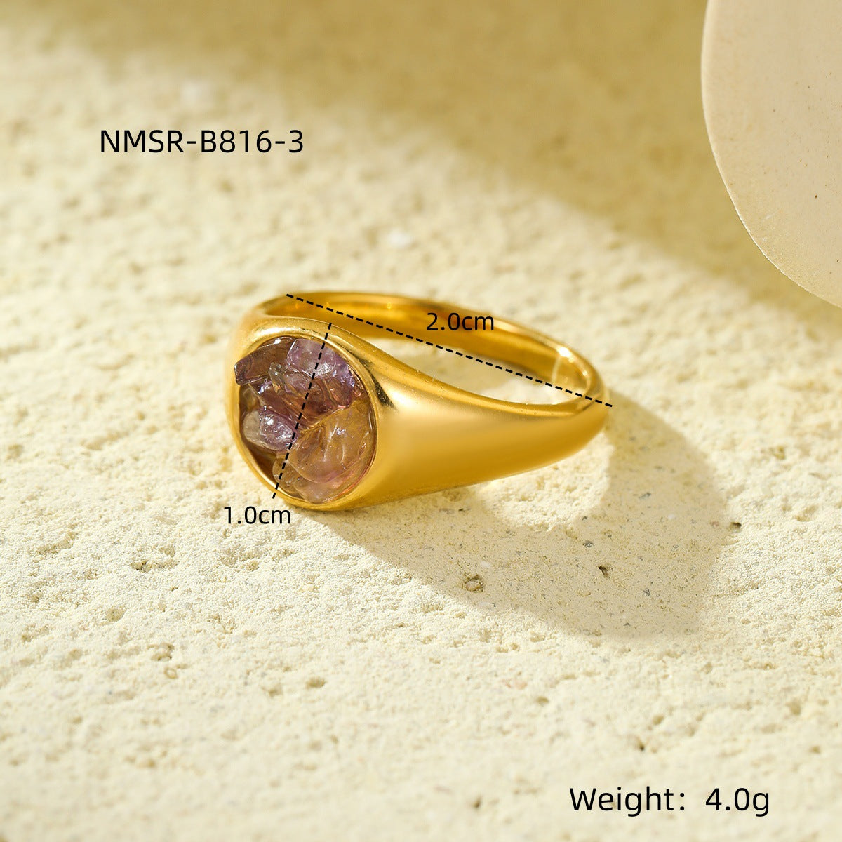 Anello geometrico da donna in acciaio inossidabile placcato oro 18 carati con intarsio in pietra naturale