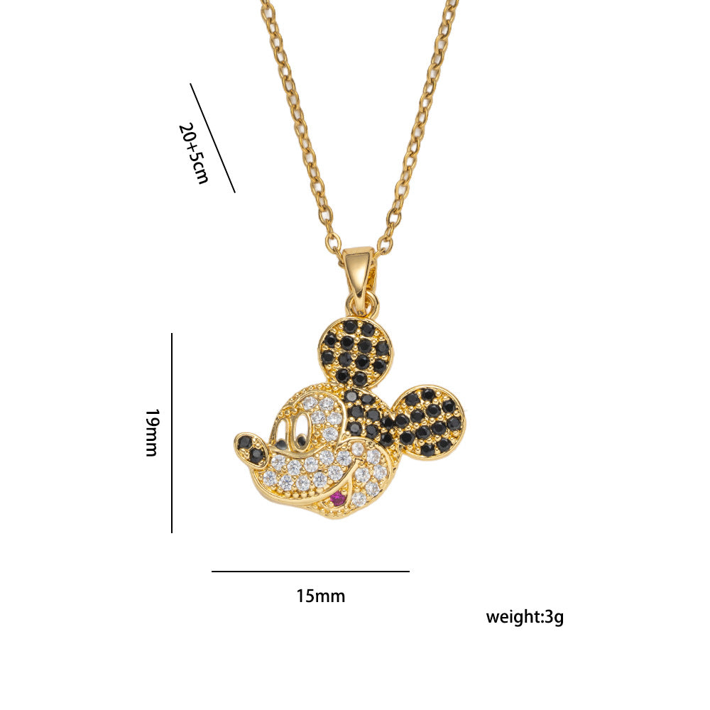 Collana con pendente di Topolino floreale di lusso da donna in acciaio al titanio con intarsio di strass e placcatura in oro su catena a serpente