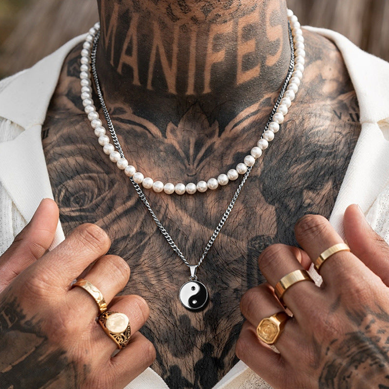 Hip-hop Geometric Round Stainless Steel Necklace with Alloy Tai Chi Pendant and Double Layer Pearls for Unisex