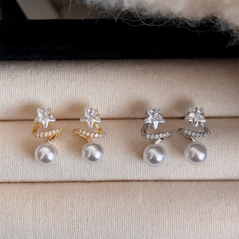 Elegantes pendientes de perlas geométricas en forma de estrella con incrustaciones de circonitas para mujer, uso diario, oficina, joyería de lujo chic