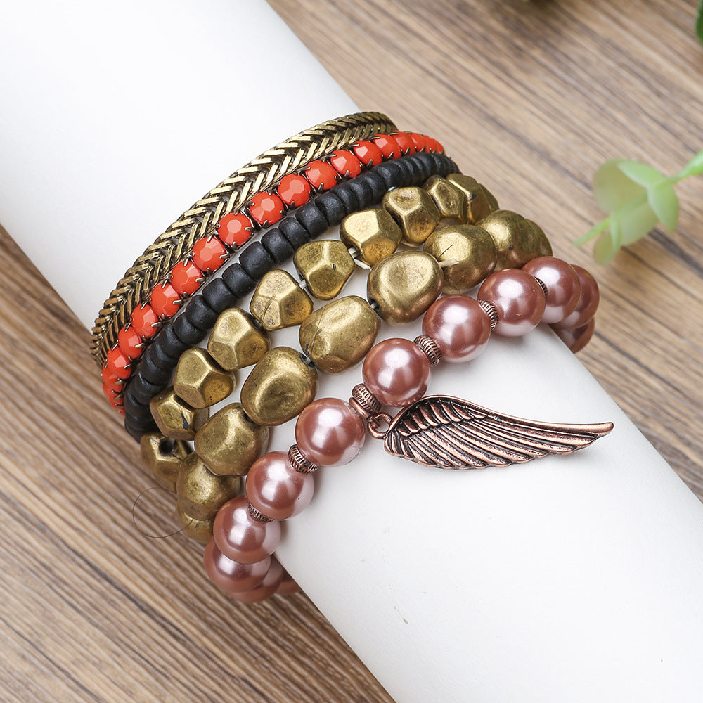 Vintage Bohemian Geometric Round Alloy Acrylic Pearl Bracelet Set