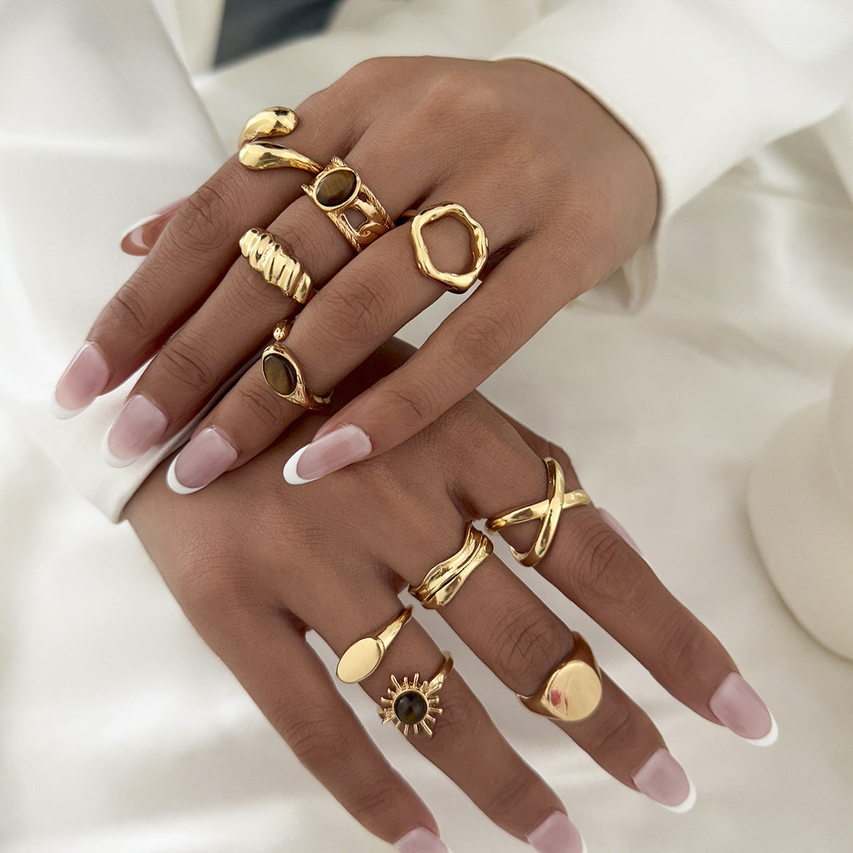 Vintage Geometric Oval Tiger Eye Plated Zinc Alloy Open Ring for Women