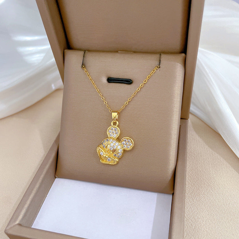 Collana con Pendente a Forma di Topo Geometrico Minimalista in Acciaio al Titanio con Dettagli in Strass per Donna e Uomo