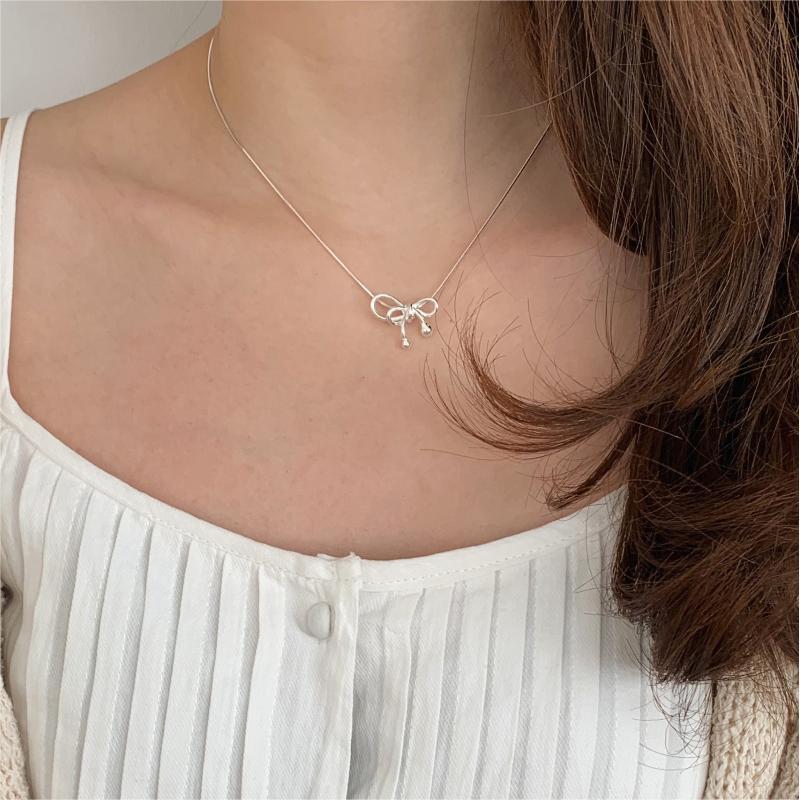Sweet Minimalist Bow Knot Necklace in 925 Sterling Silver with Geometric Accent