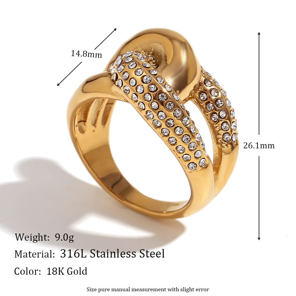 Fashionable Geometric Stainless Steel Ring with 18K Gold Plating and Contrasting Zirconia Accents for Women