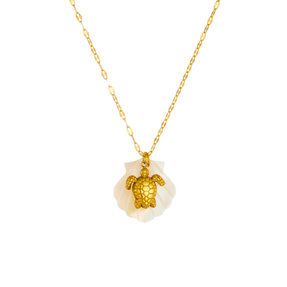Personalized Ocean Starfish Seashell Turtle Pendant Necklace in Stainless Steel with 18K Gold Plating on Wavy Chain for Women