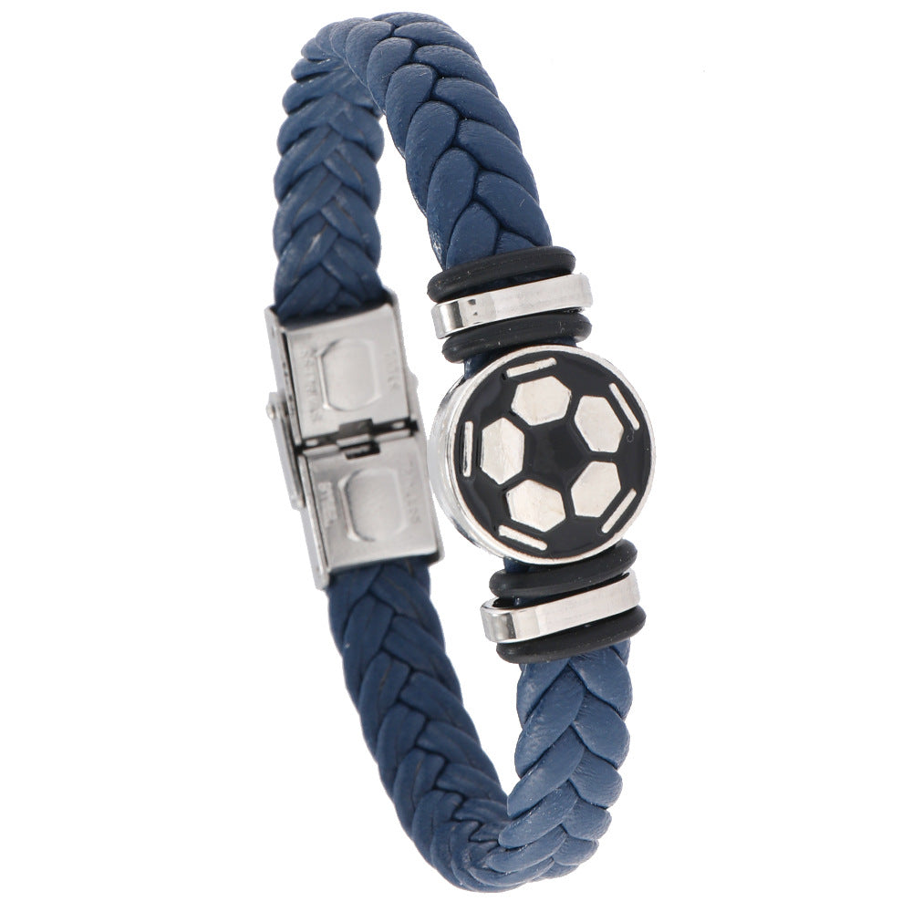 Pulsera unisex de cuero con diseño geométrico pulido y elemento luminoso de balón de fútbol
