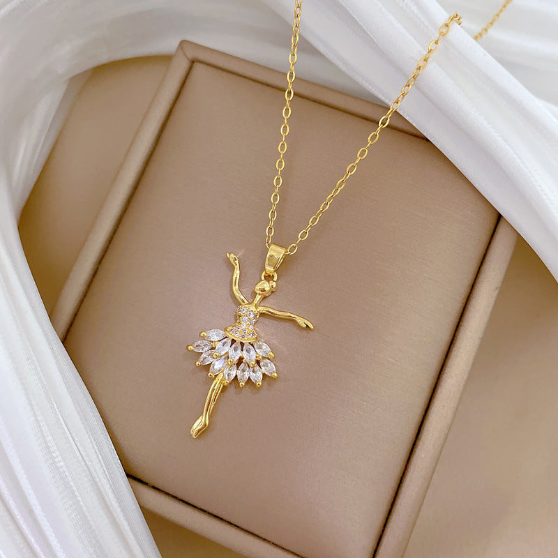 Elegante collana da ballo di danza classica per donna con strass completi su catena in acciaio al titanio, design geometrico, stile medaglione minimalista