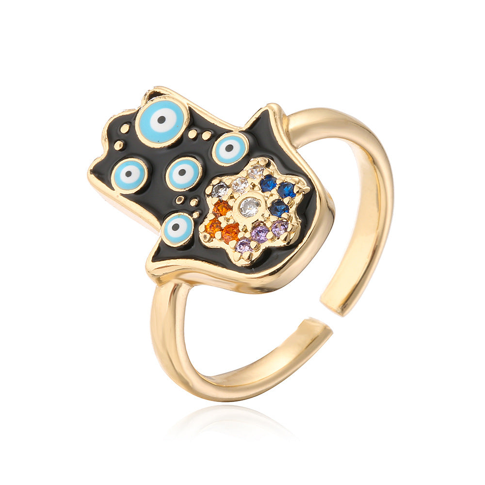 Ins Style Geometric Shaped Copper Ring with Gold Plating and Enamel Evil Eye and Hamsa Hand Design