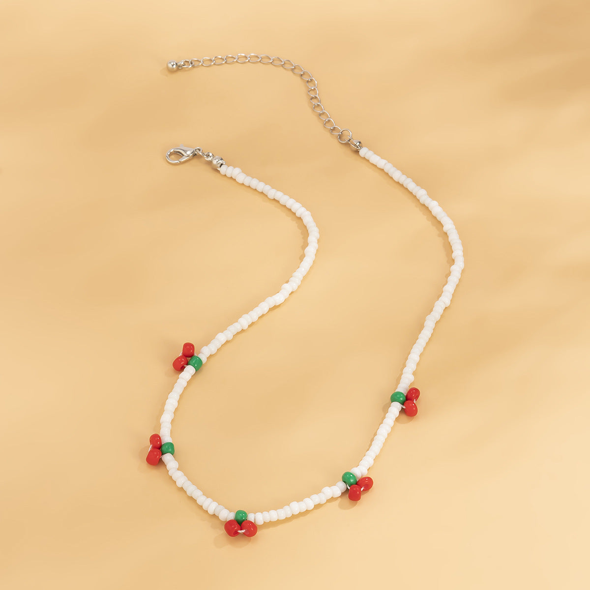 Sweet Vintage Bohemian Plated Glass Beads Ball Chain Necklace Cherry Charm