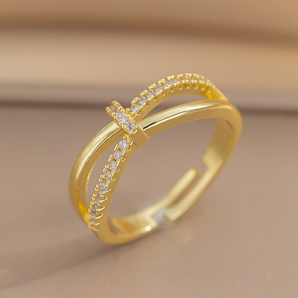 Luxury Minimalist Adjustable Open Ring for Women with Gold-Plated Copper Band and Zircon Stone Accent in Heart and Floral Shape