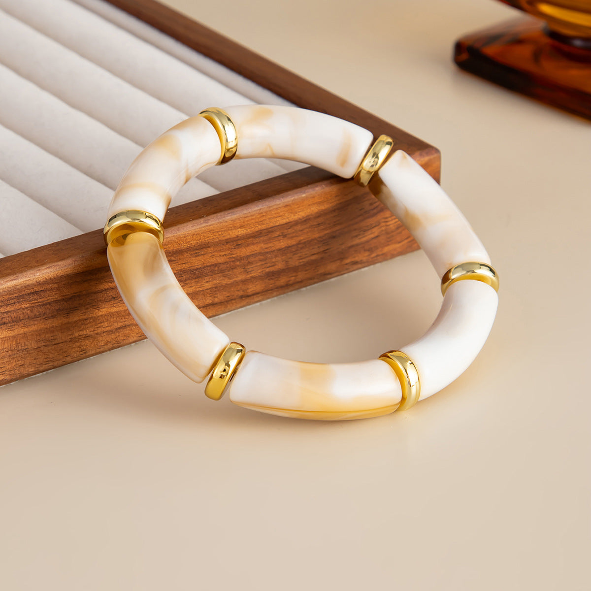Vintage Geometric Marble Texture Leopard Print Acrylic Elastic Bracelet for Women