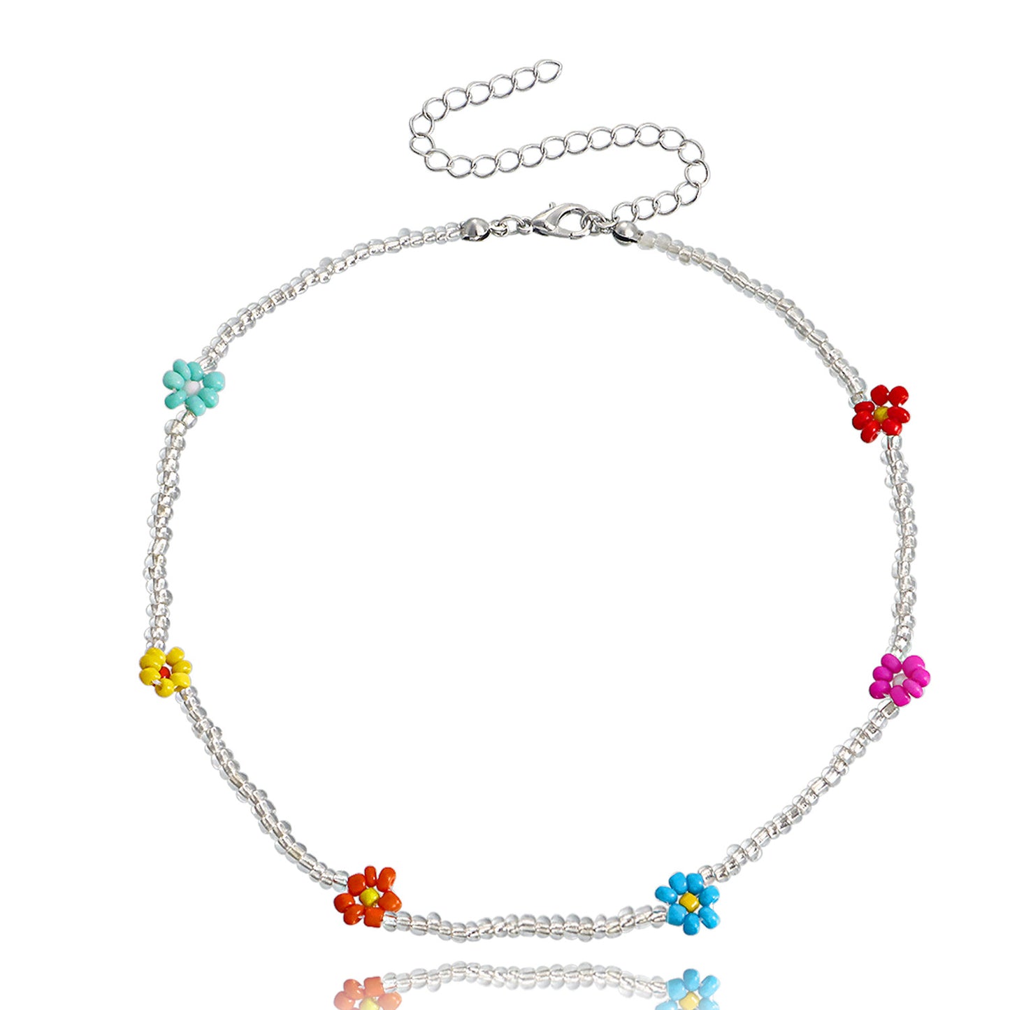 Bohemian Style Daisy Flower Pendant Necklace with Clear White Rice Beads and Geometric Accents in Alloy with Plated Finish for Women