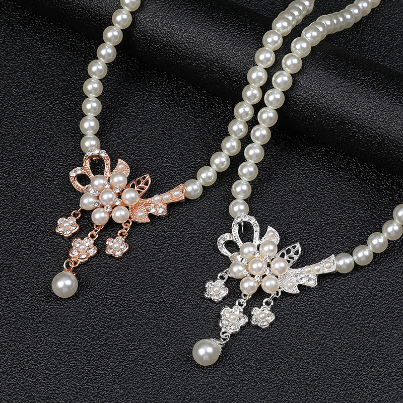 Elegant Floral Pearl Necklace and Earrings Set for Women Alloy Plated with Delicate Flower Pendant and Fresh Sweet Style