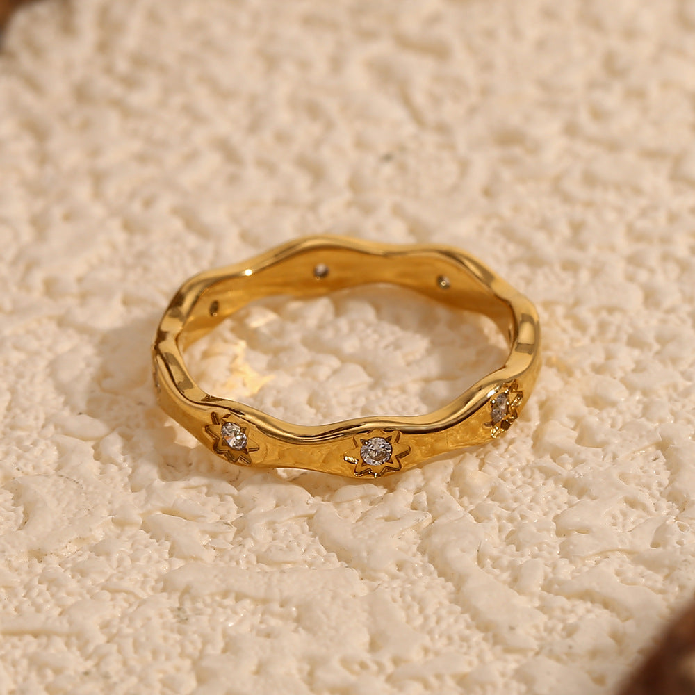 Minimalist Geometric Wave Octagram Stainless Steel Ring for Women with 18K Gold Plating