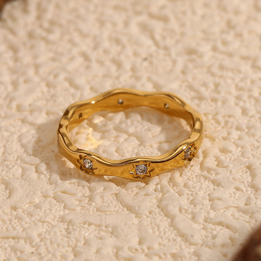 Minimalist Geometric Wave Octagram Stainless Steel Ring for Women with 18K Gold Plating