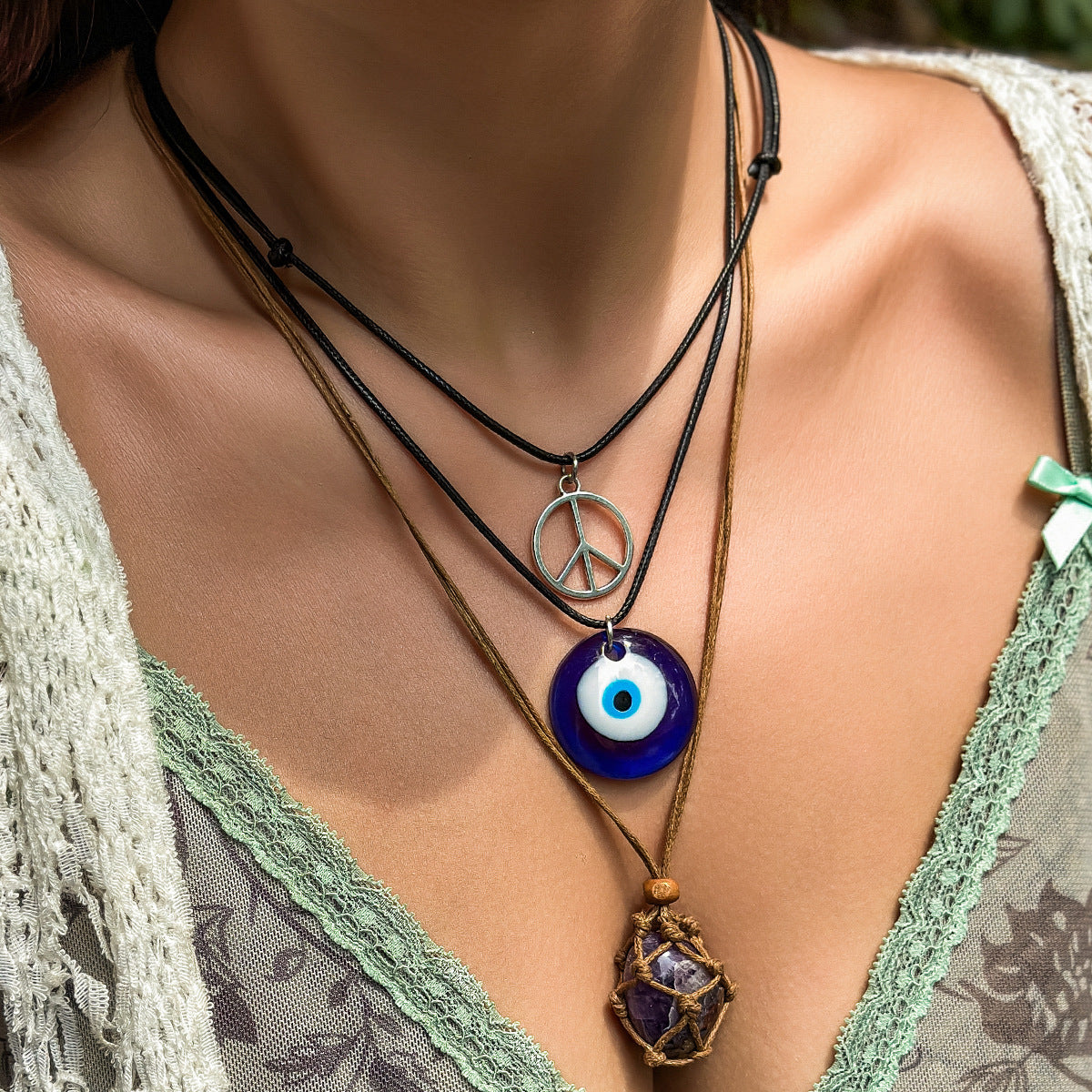 Collana Pendente Occhio di Allah Vintage Turchese da Donna con Perle in Lega e Cordino Cerato a Forma Geometrica