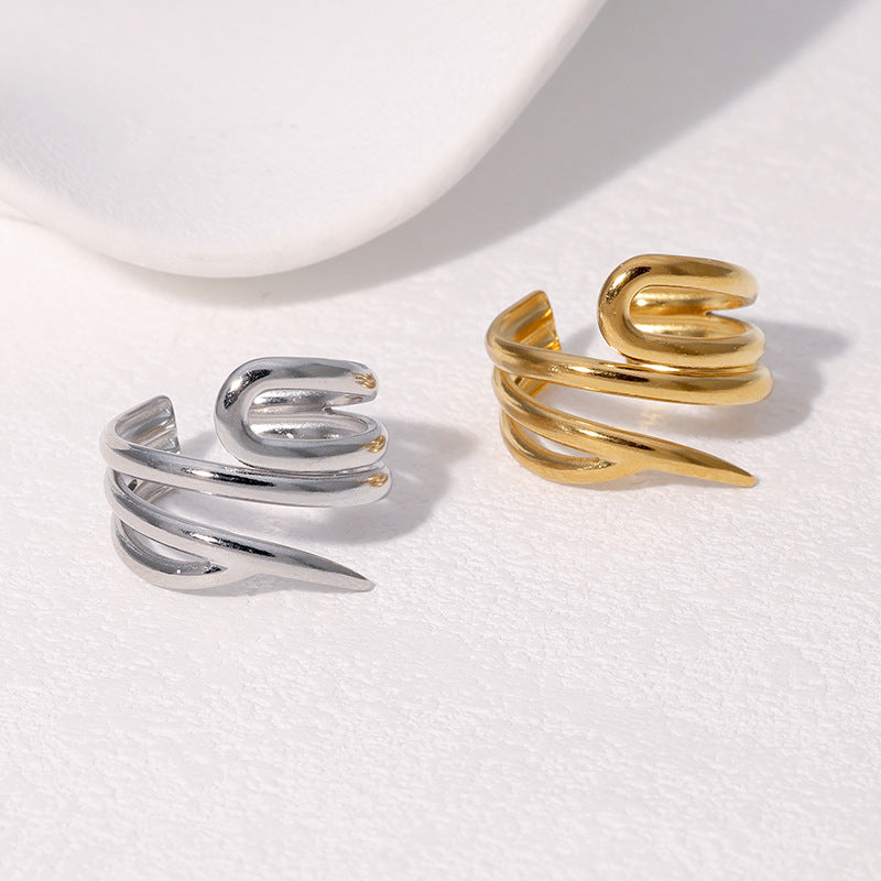 Anello aperto da donna in acciaio inossidabile geometrico minimalista con finitura placcata e design dalle linee pulite