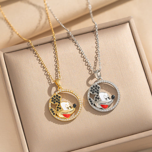 Collana con ciondolo minimalista rotondo di Topolino in acciaio al titanio placcato oro con intarsio di zirconi da donna