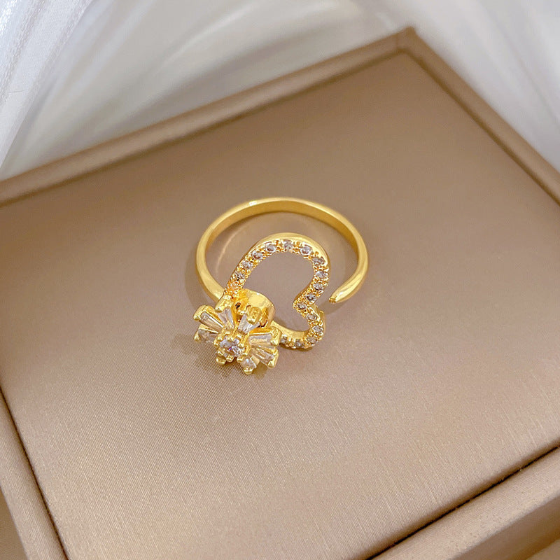 Sweet Gold Plated Brass Rotating Flower Crown Cubic Zirconia Adjustable Ring for Women and Couples