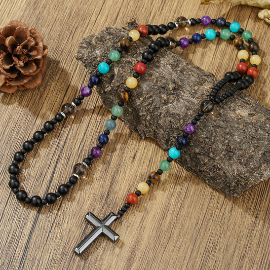 Bohemian Multicolor Natural Stone Beaded Cross Necklace for Men and Women