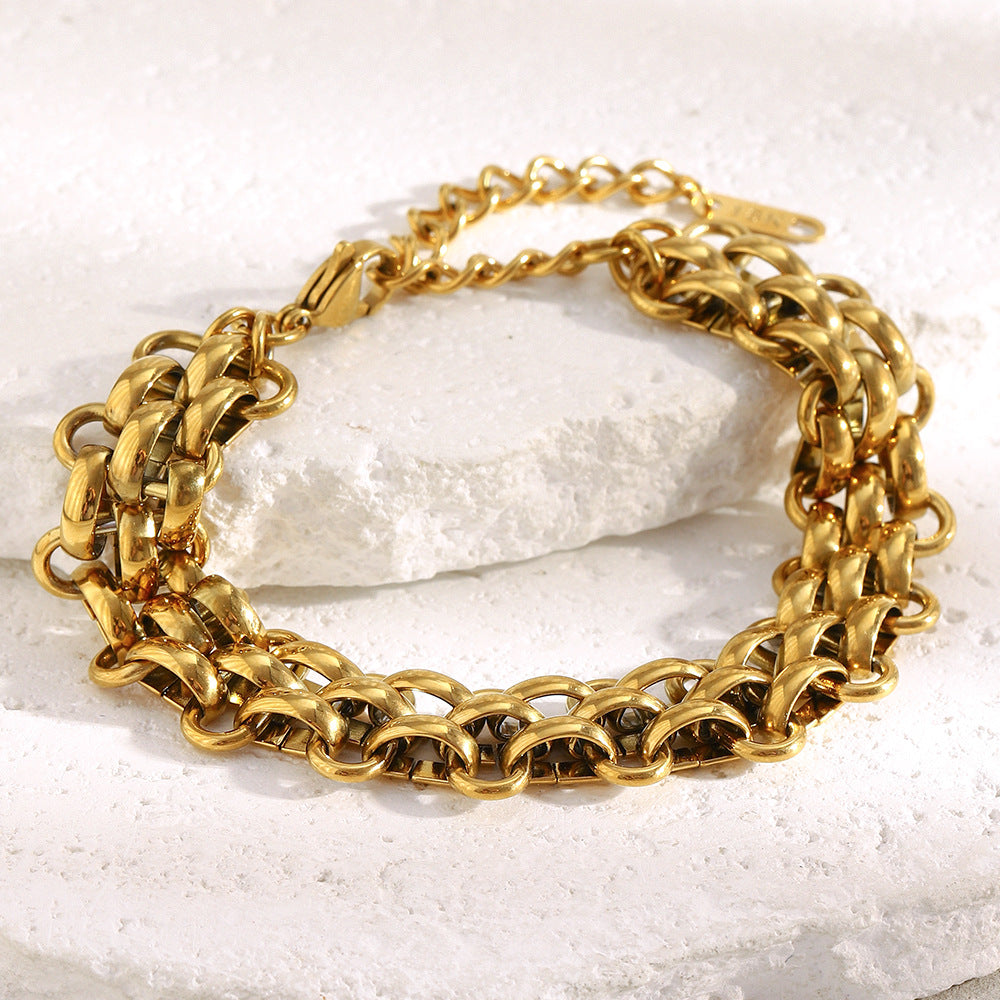 Minimalist Fashionable Geometric Stainless Steel Plated 18K Gold Triple Round Ring Bracelet for Women