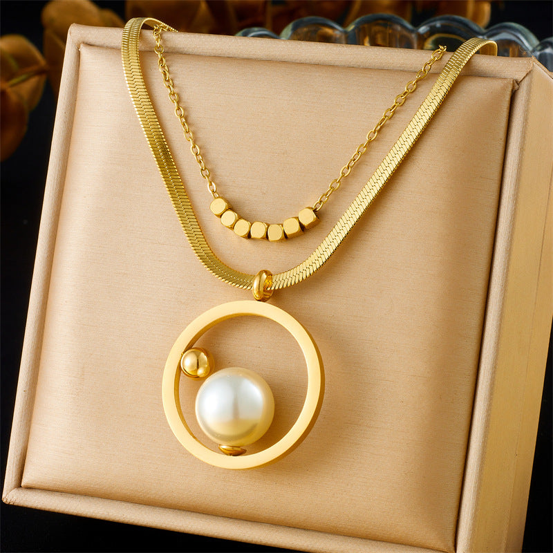 Elegant Round Plated Stainless Steel Pearl Bean Necklace Earring Ring Set with Snake Chain