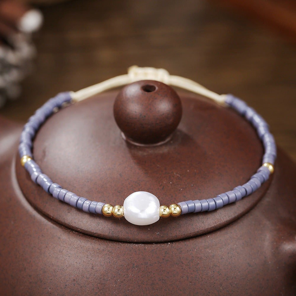 Bohemian Style Adjustable Braided Pearl Beaded Bracelet for Women with Rice Beads and Geometric Design