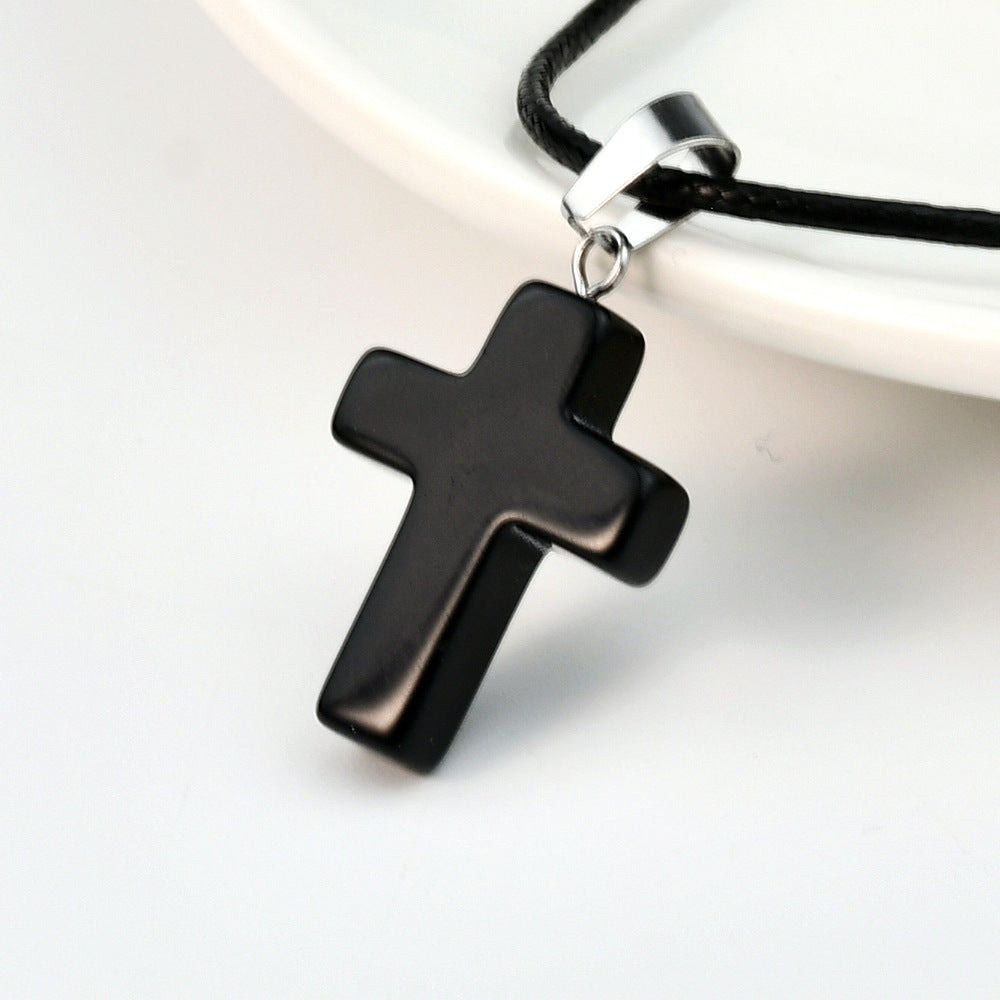 Minimalist Cross Crystal Agate Turquoise Pendant Necklace Unisex