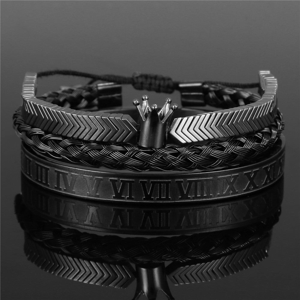 Vintage Crown Geometric Micro-inlay Stainless Steel Mesh Open Cuff Bracelet Set for Unisex