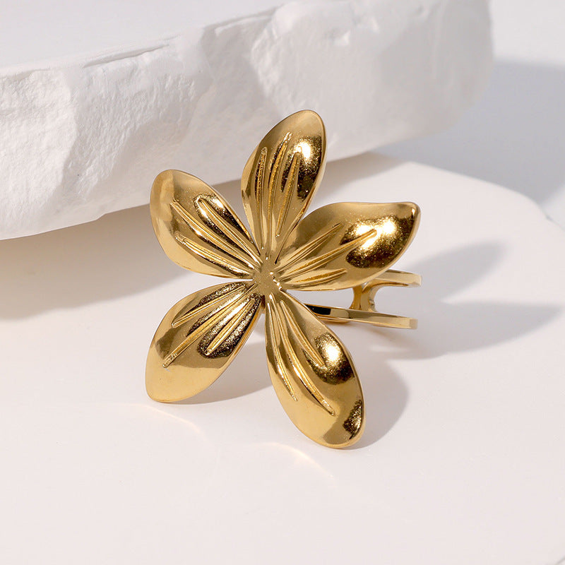 Minimalist Floral Open Ring for Women in Stainless Steel with Gold Plating Elegant Vacation Style