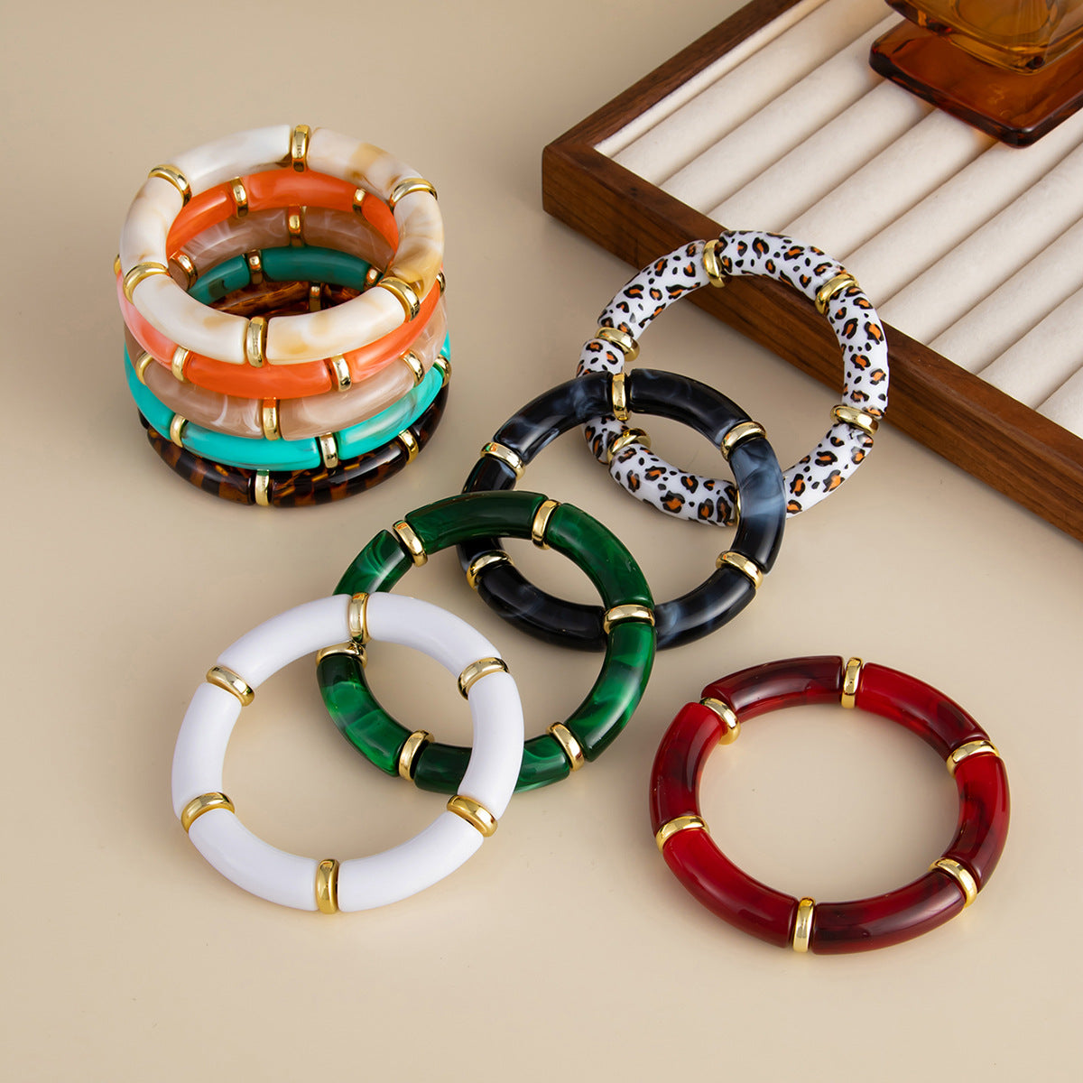 Vintage Geometric Marble Texture Leopard Print Acrylic Elastic Bracelet for Women