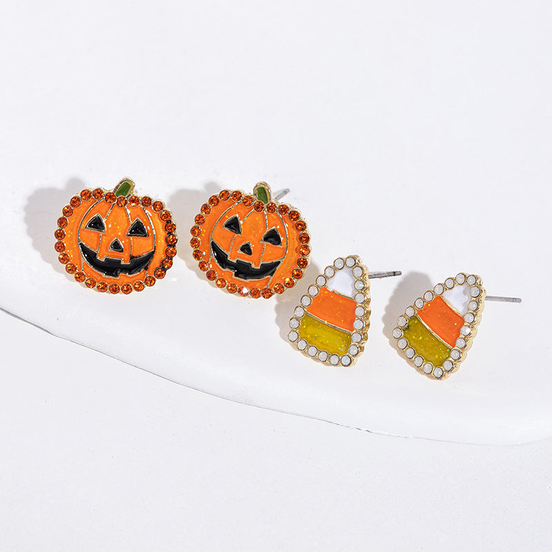 Orecchini Eleganti a Mostro Cartone Animato con Finitura Smaltata e Strass per Donna, Design Zucca di Halloween e Maschera da Strega