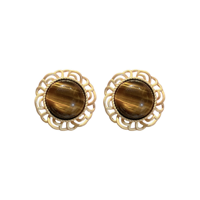 Minimalist Geometric Tiger Eye Stud Earrings in Alloy with Gold Plating for Women