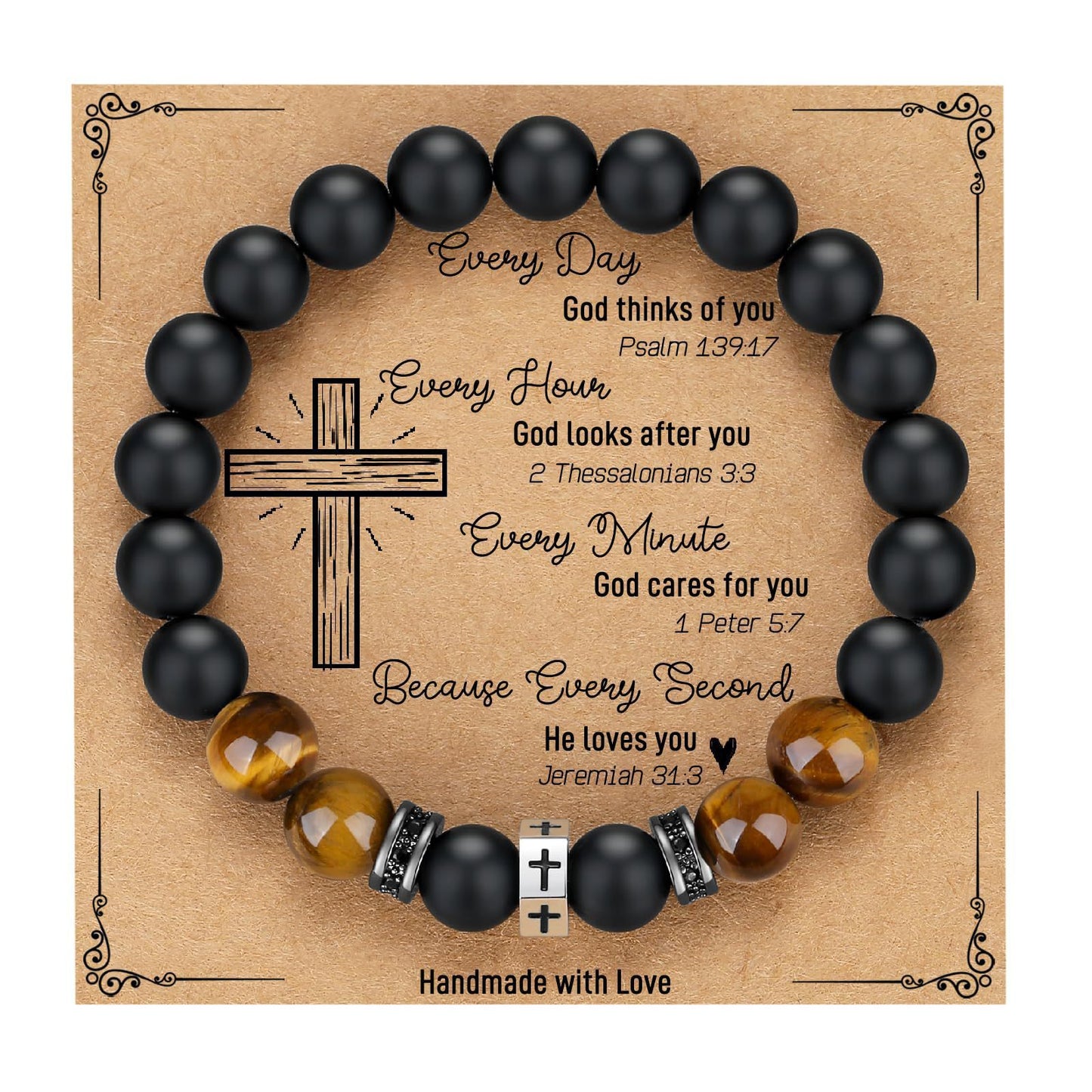 Matte Geometric Cross Tiger Eye Beaded Bracelet Stainless Steel Elastic Bangle