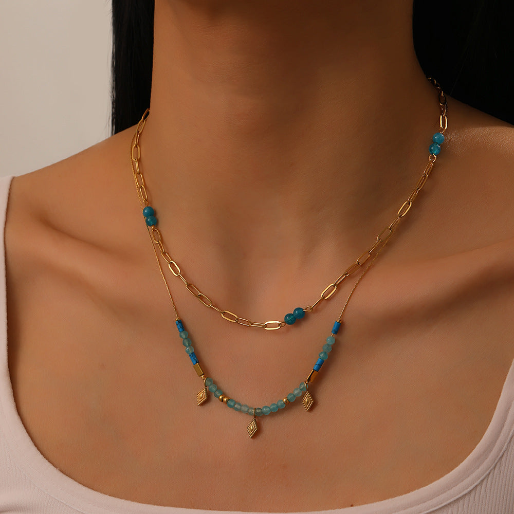 Vintage South Asian Style Blue Beaded Layered Rhombus Pendant Stainless Steel O-Chain Necklace for Women