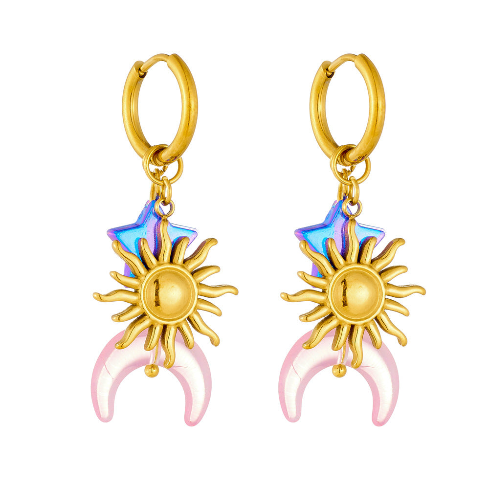 Minimalist Sweet Gold Plated Stainless Steel Star Moon Sun Earrings