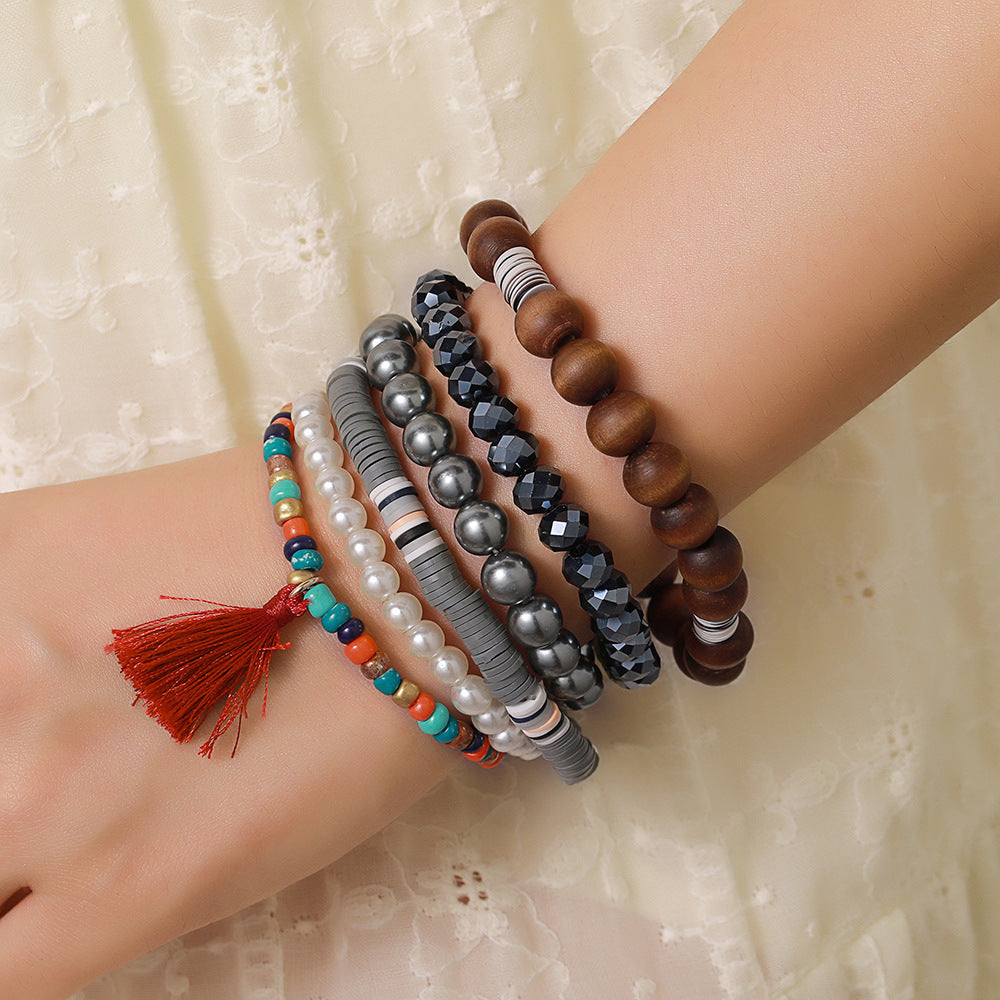 Bohemian Geometric Round Alloy Glass Wood Pearl Resin Bracelet Set